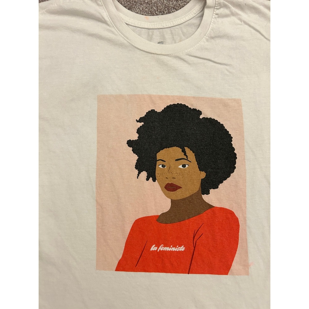 Old Navy Relaxed Tee Women Small White La Feministe Graphic T-Shirt Good Stained